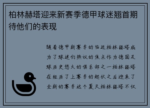 柏林赫塔迎来新赛季德甲球迷翘首期待他们的表现