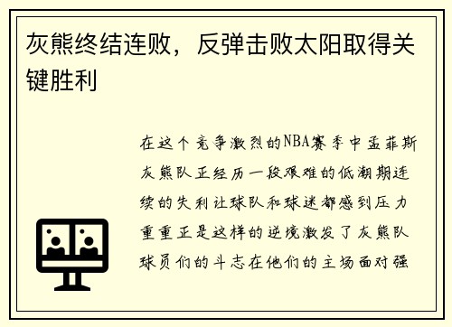 灰熊终结连败，反弹击败太阳取得关键胜利